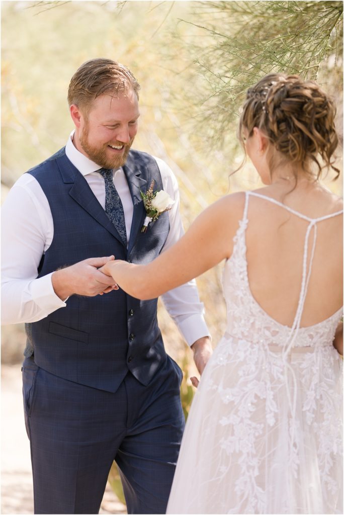 Hacienda Del Sol Wedding Tucson, Arizona romantic first look and gift exchange between bride and groom