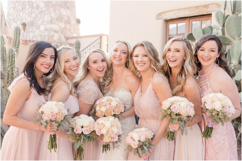 Tanque Verde Ranch Wedding Tucson, AZ Sloan + Garrett bridesmaid photos in shades of blush dresses and blush bouquets