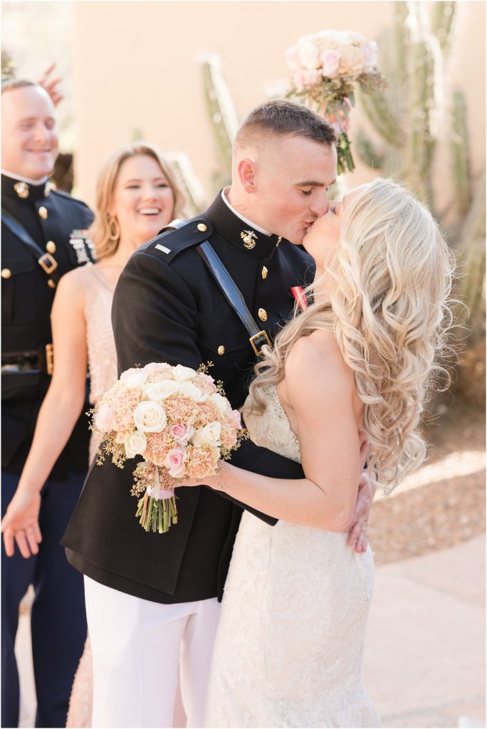 Tanque Verde Ranch Wedding Tucson, AZ Sloan + Garrett bridal party photos with bridesmaids in shades of blush dresses and blush bouquets and groomsmen in military uniforms