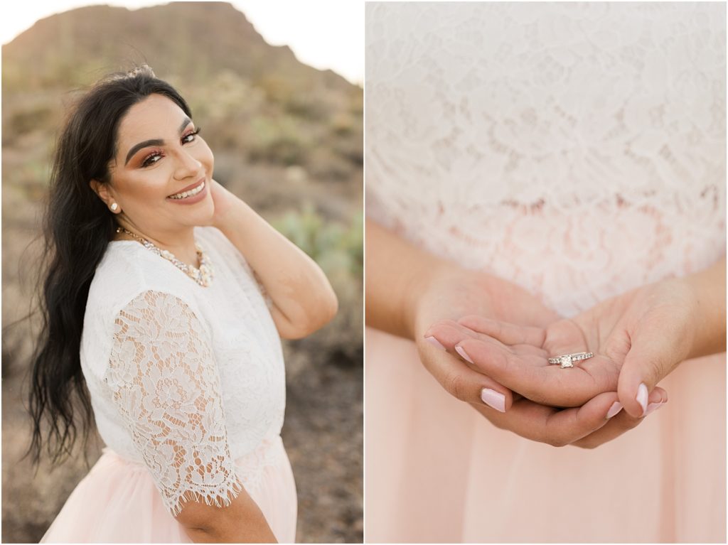 Tucson Engagement Photos Tucson, AZ Alba + Shawn Romantic Desert engagement Photos with blush tulle and white lace outfit