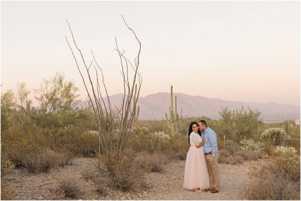 Tucson Engagement Photos Tucson, AZ Alba + Shawn Romantic Desert engagement Photos with blush tulle and white lace outfit
