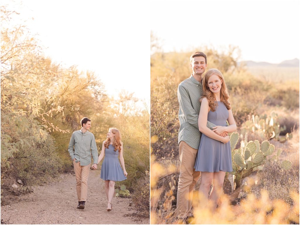 Engagement Photos at Gates Pass Tucson, AZ Abby + Austin romantic engagement photos in the desert at sunset with bride in dusty blue knee length dress