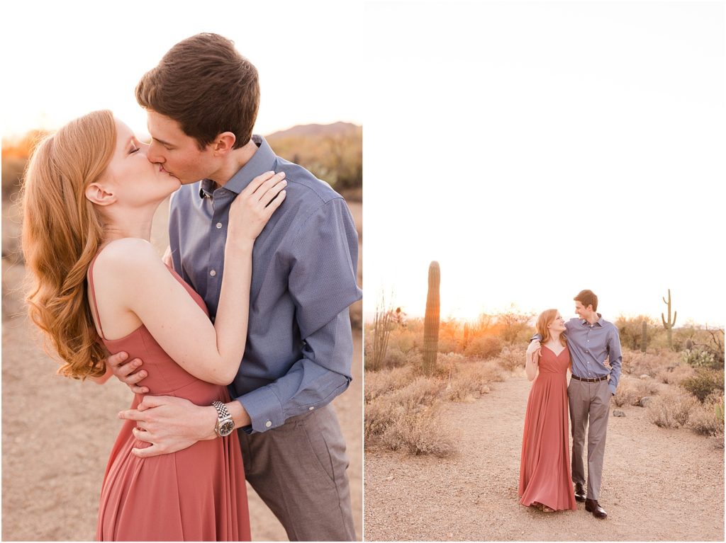 Engagement Photos at Gates Pass Tucson, AZ Abby + Austin romantic sunset photos of bride and groom wearing elegant coral and blue outfits at their engagement session in the desert