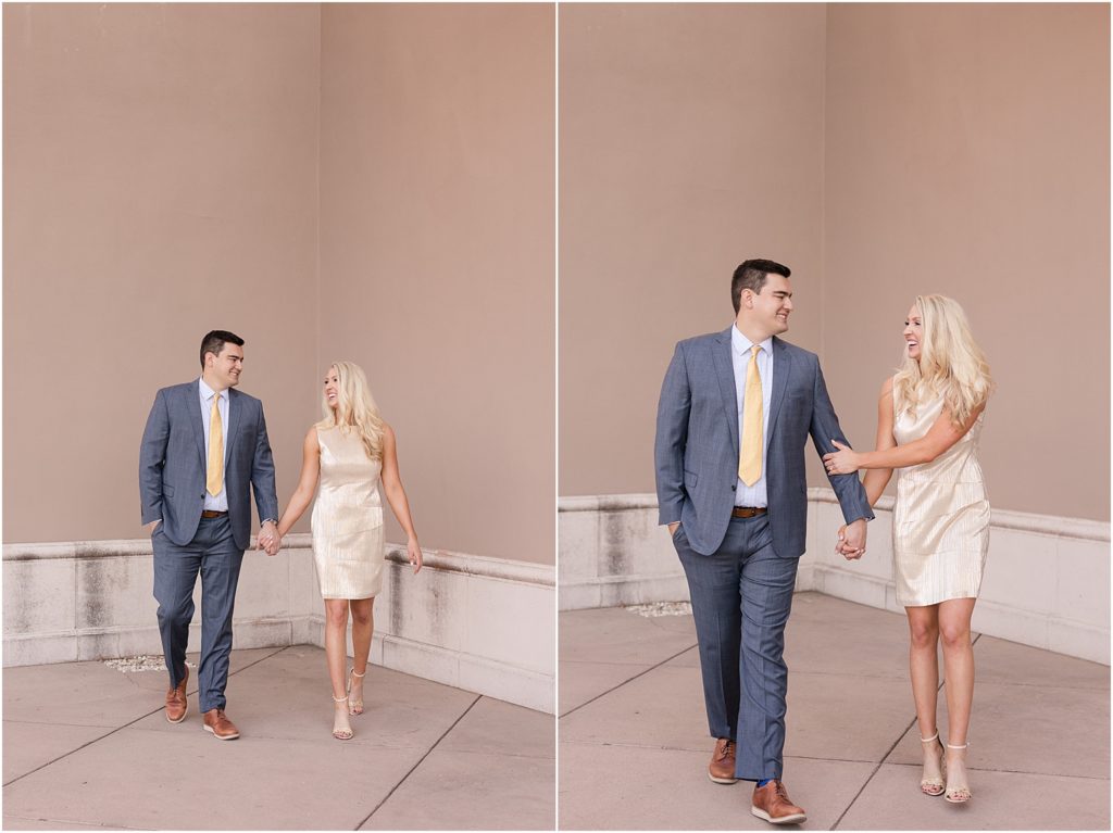 Engagement Photos at La Paloma Tucson, Arizona Cassidy + Frank elegant resort engagement session with groom in suit and bride in knee length gold dress