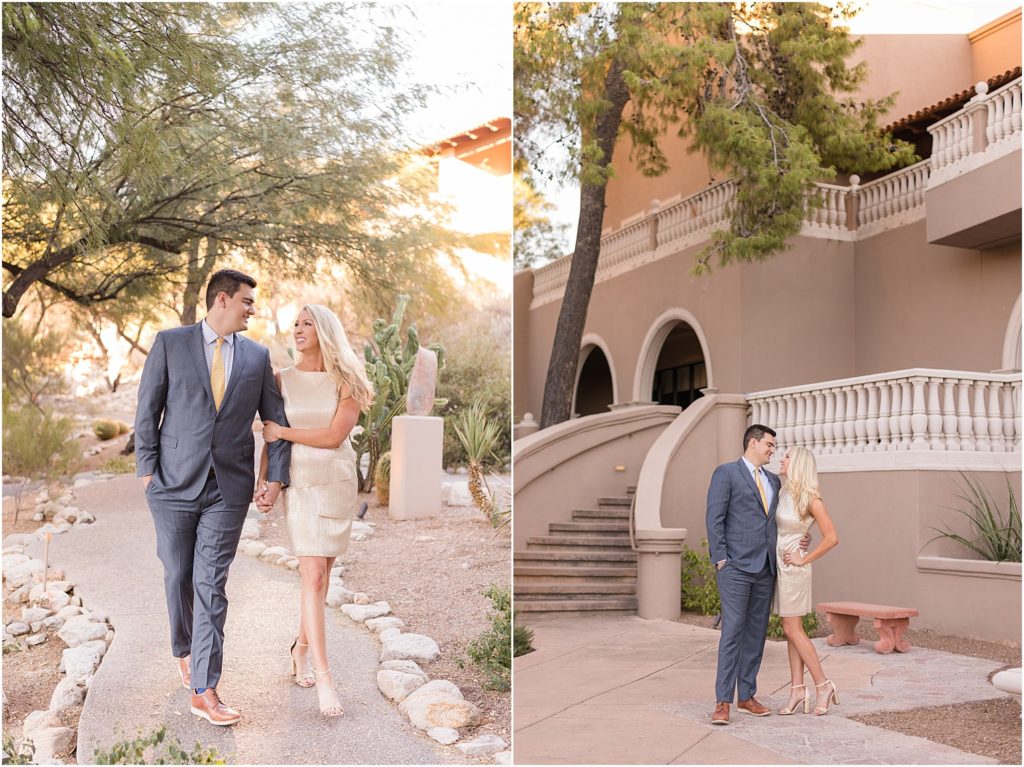 Engagement Photos at La Paloma Tucson, Arizona Cassidy + Frank elegant resort engagement session with groom in suit and bride in knee length gold dress