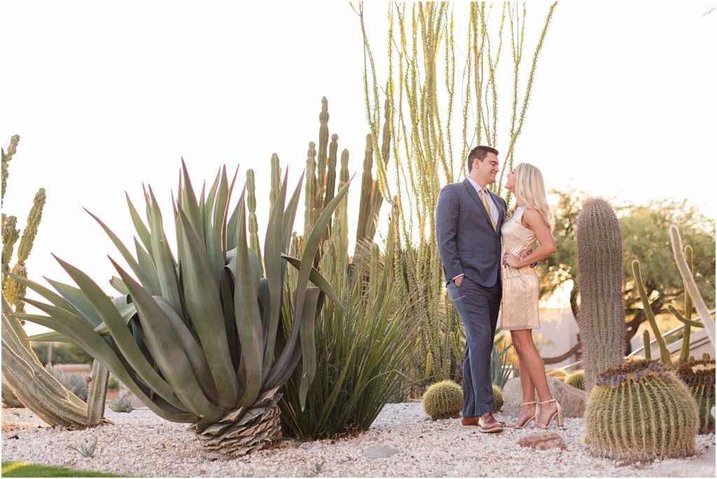 Engagement Photos at La Paloma Tucson, Arizona Cassidy + Frank elegant desert engagement session with groom in suit and bride in knee length gold dress