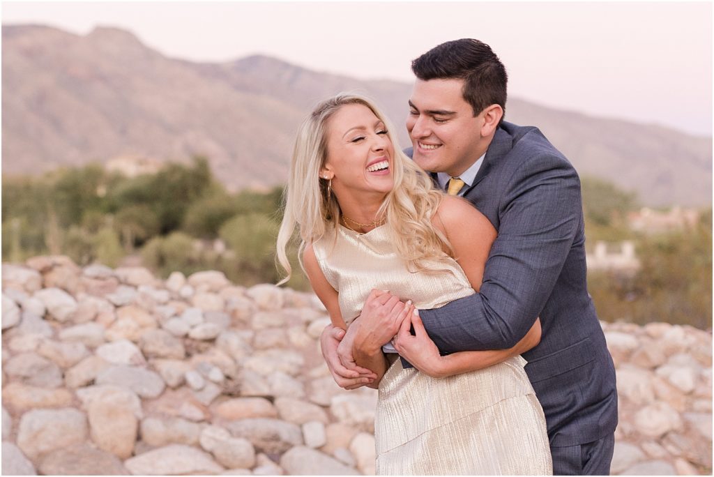 Engagement Photos at La Paloma Tucson, Arizona Cassidy + Frank elegant engagement session with groom in suit and bride in knee length gold dress