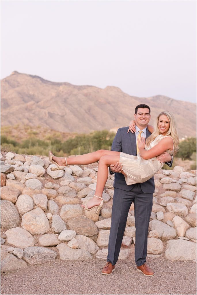 Engagement Photos at La Paloma Tucson, Arizona Cassidy + Frank elegant engagement session with groom in suit and bride in knee length gold dress
