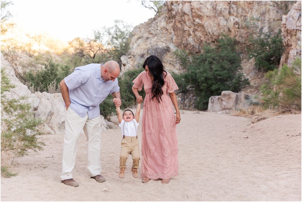 Family Photos at Honeybee Canyon Tucson, AZ Melissa + Matt Oro valley family photos with mom in floorlength pink dress