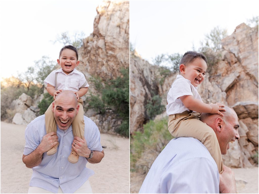 Family Photos at Honeybee Canyon Tucson, AZ Melissa + Matt Oro valley family photos with son on dad's shoulders