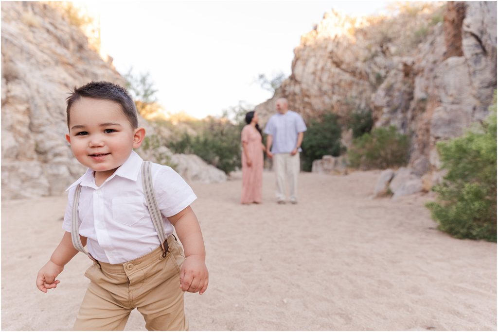 Family Photos at Honeybee Canyon Tucson, AZ Melissa + Matt little boy running at desert photo shoot in Oro Valley