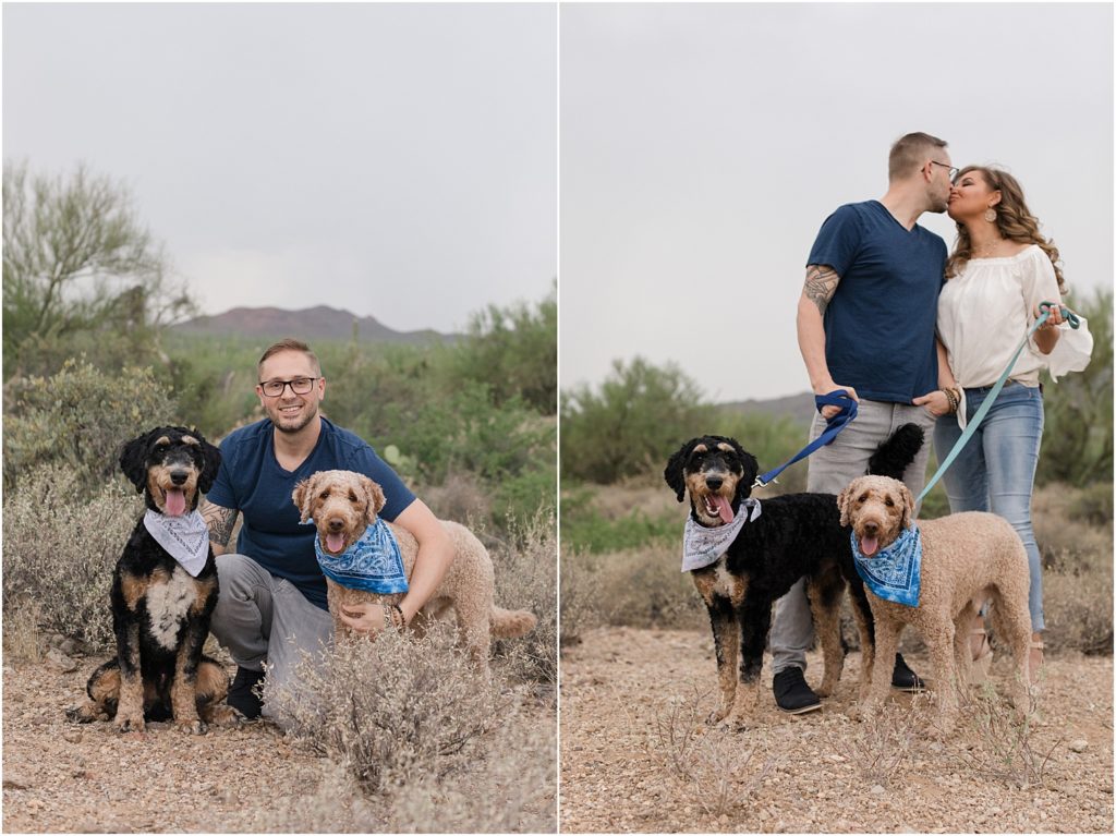 Gates Pass Engagement Session Tucson, AZ Nitasha + Kyle casual and fun desert engagement session photo with bride and groom's two dogs in bandanas