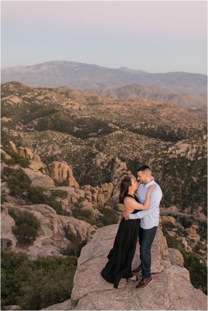 Mt Lemmon Engagement Session Tucson, AZ Brittany + Kevin elegant and romantic desert engagement photos on Mt Lemmon after sunset with view of the mountains in background