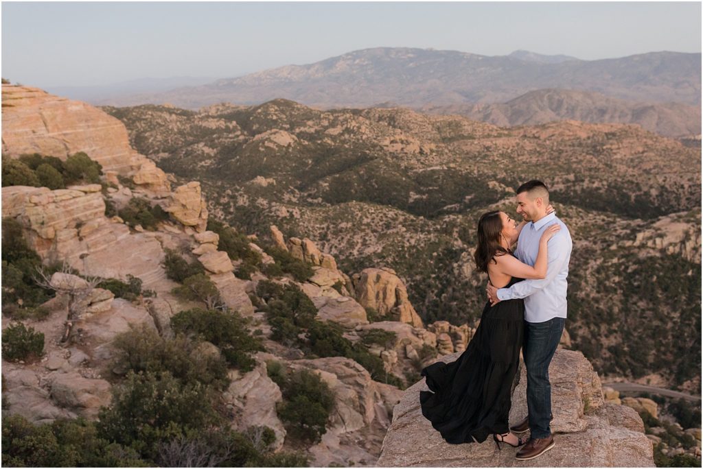Mt Lemmon Engagement Session Tucson, AZ Brittany + Kevin elegant and romantic desert engagement photos on Mt Lemmon after sunset with view of the mountains in background