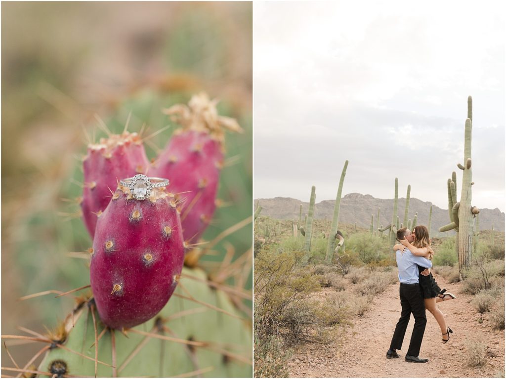 Tucson Desert Engagement Photos Tucson, Arizona Ellie + Danny romantic engagement photos in the desert with bride in little black dress and photo of engagement ring on cactus