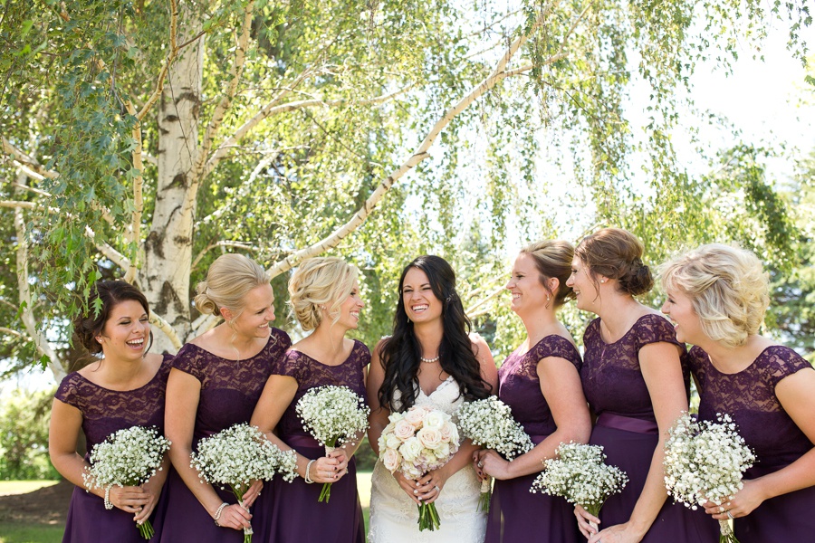 bridesmaids, dark purple, baby's breath flowers, outdoor wedding