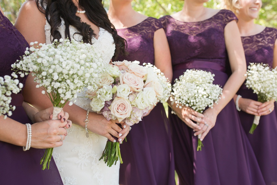 bridesmaids, dark purple, baby's breath flowers, outdoor wedding