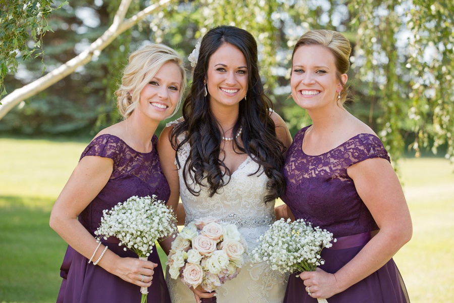 bridesmaids, plum, ivory, dark purple, baby's breath flowers, outdoor wedding