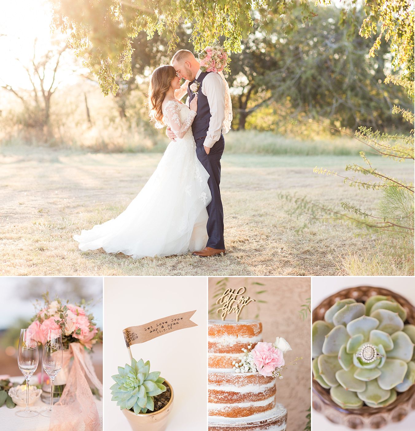 bride and groom, dusty rose wedding colors, succulents, naked wedding cake