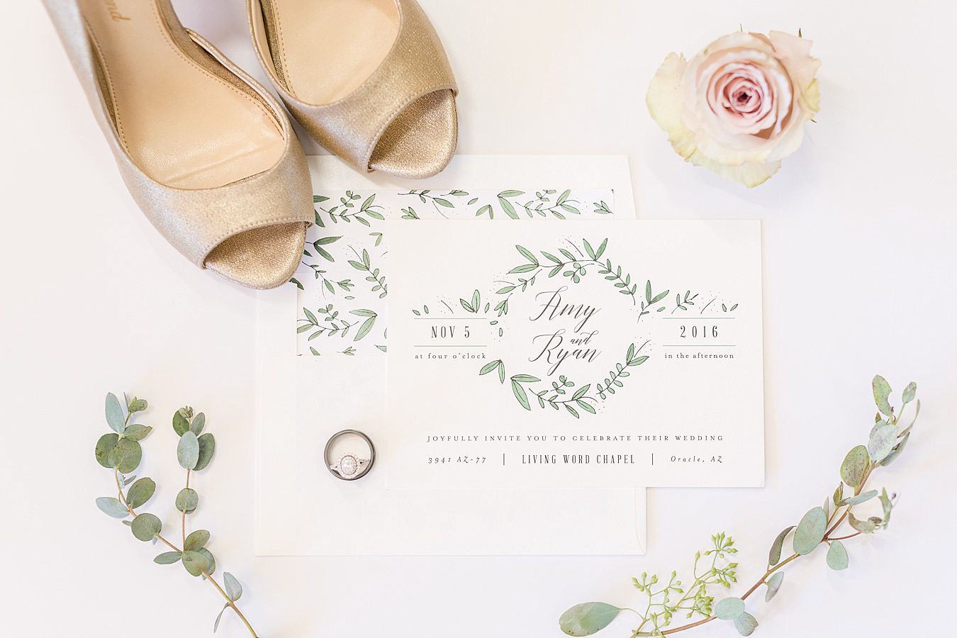 wedding shoes, wedding invitation, wedding ring, eucalyptus