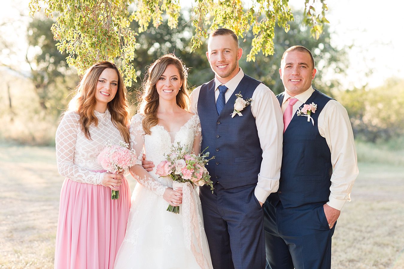 bridal party photos, bride and groom, navy and pink wedding colors