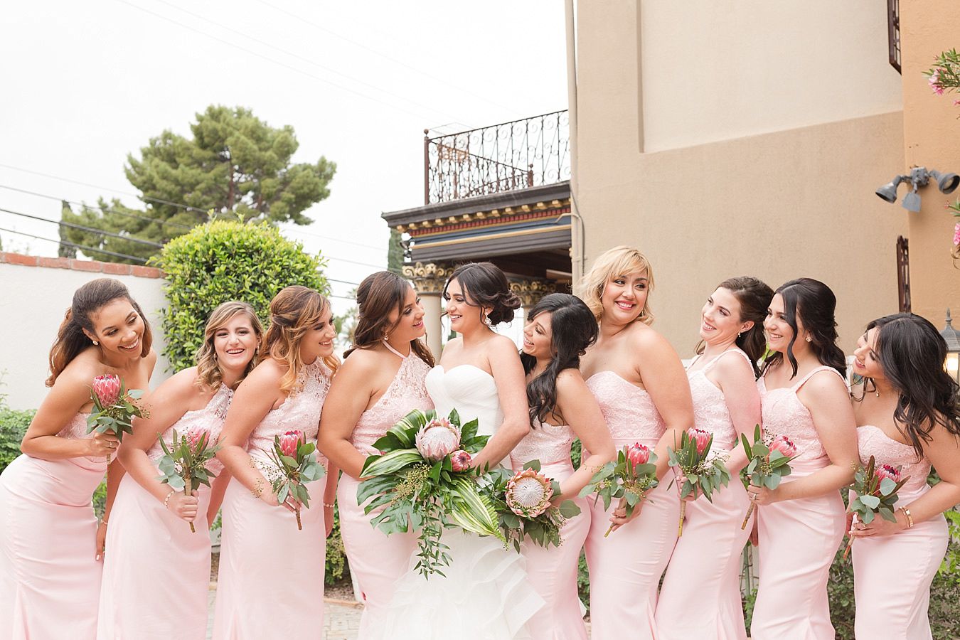 bridal party, blush bridesmaid dresses