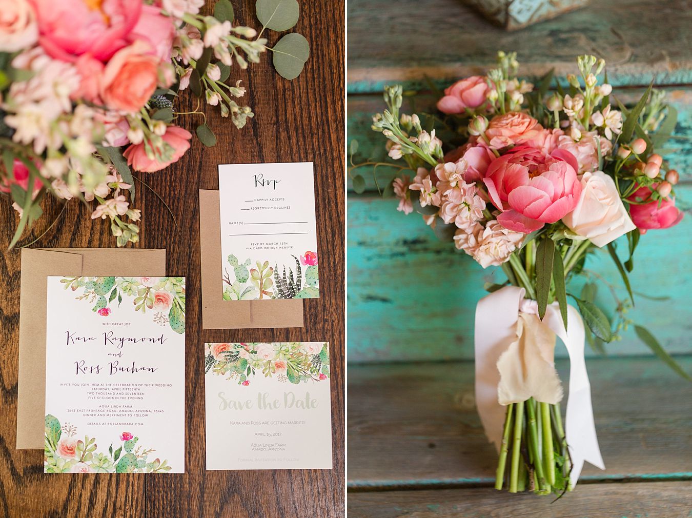 desert wedding invitations design, tucson florist, tucson wedding flowers, pink and coral wedding colors, wedding bouquet