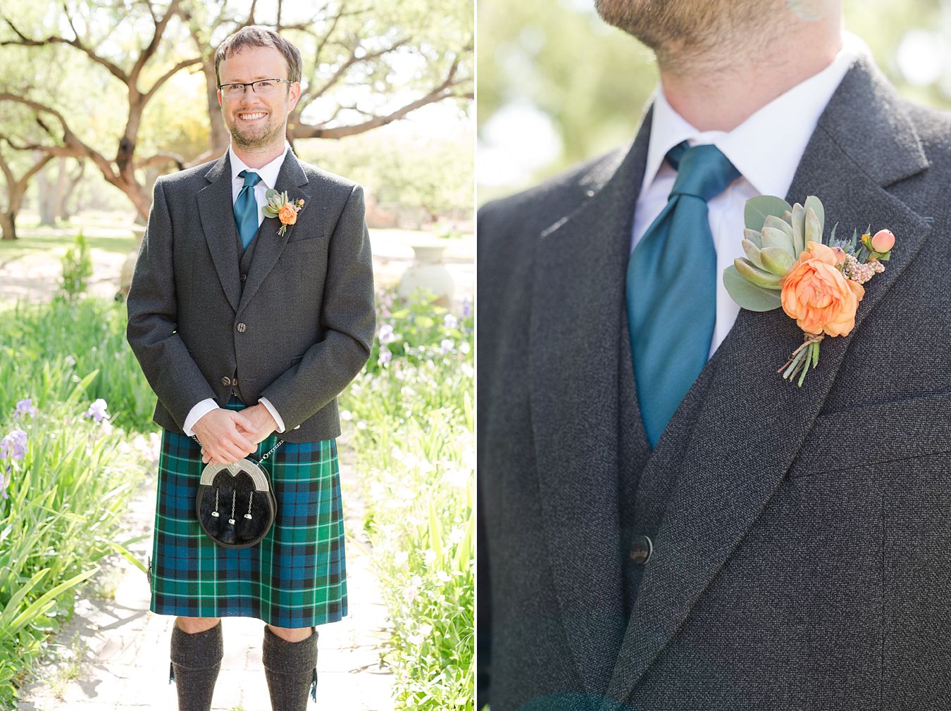 groom, boutineer, coral wedding colors