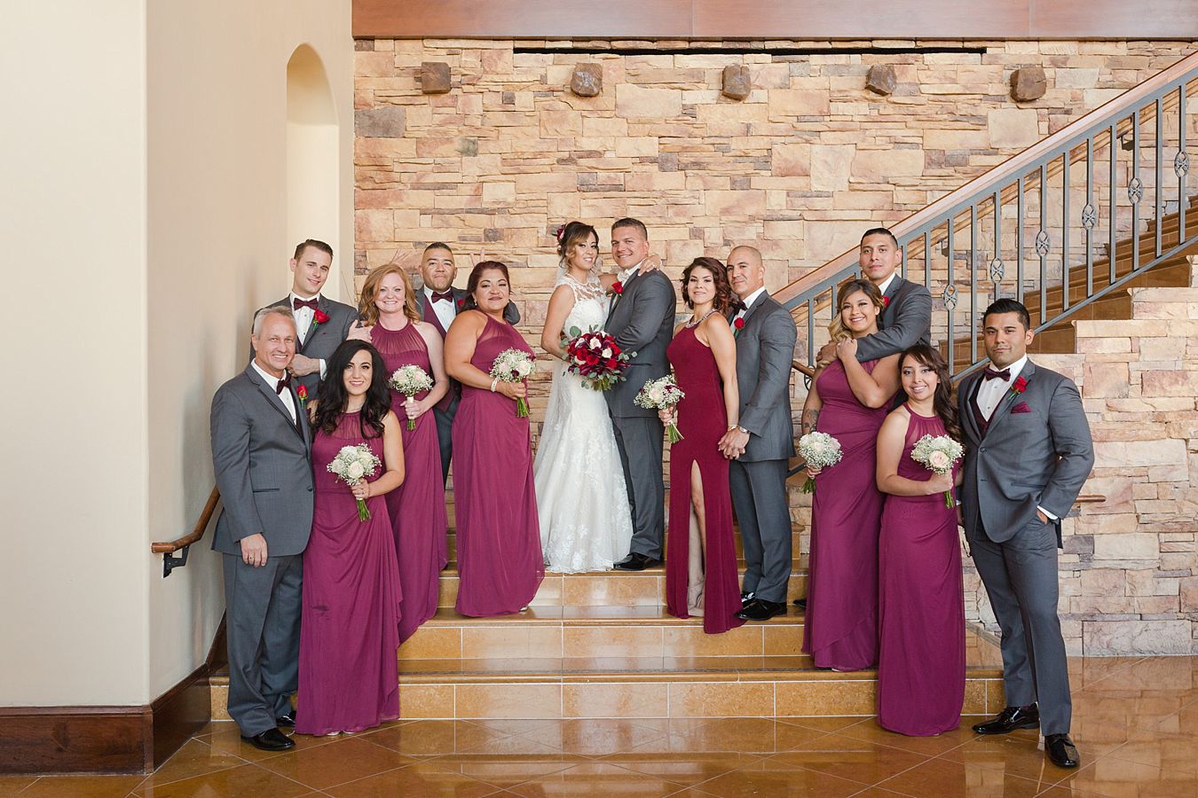 bridal party, wedding party, gray and red wedding colors
