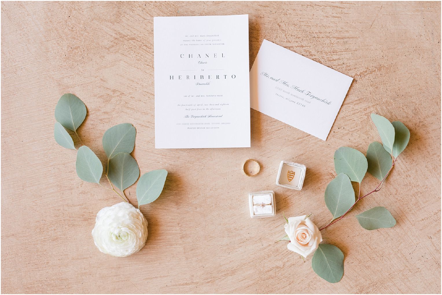 Intimate Backyard Wedding Tucson, AZ Chanel + Eddie wedding invitations and blush flowers