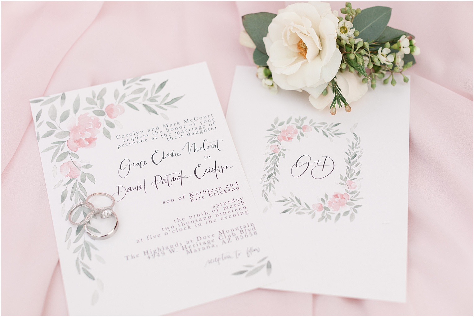 Highlands at Dove Mountain Wedding Grace + Danny blush and ivory spring wedding invitations with rings