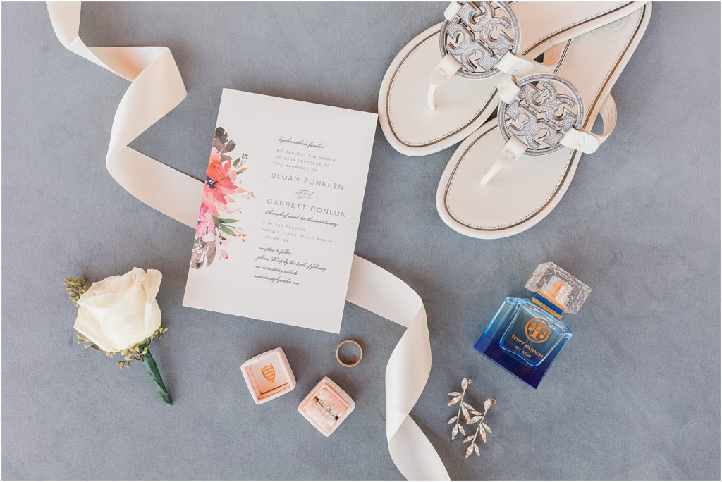 Tanque Verde Ranch Wedding Tucson, AZ Sloan + Garrett dusty blue wedding details and floral wedding invitation