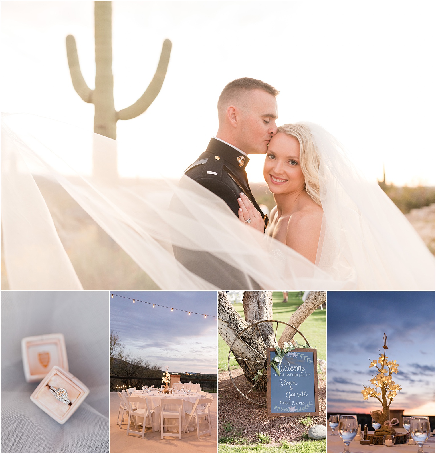 Tanque Verde Ranch Wedding Tucson, AZ Sloan + Garrett collage photo with bride and groom desert portraits, dusty blue and blush wedding details, and outdoor reception decor
